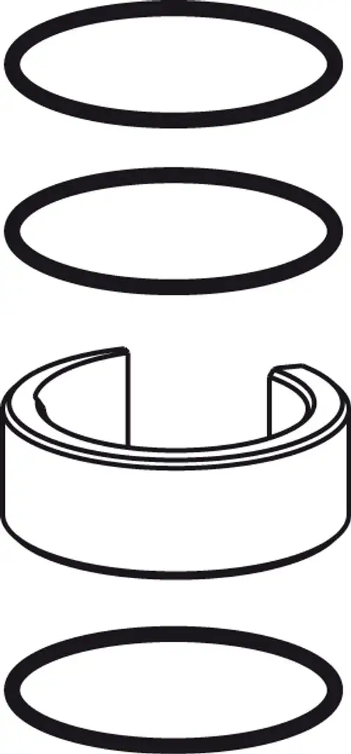 Illustration eines Reparatursets von Ideal Standard, bestehend aus mehreren ovalen Teilen und einem Teilen mit einer Schnittkante, das eine Montage oder Reparatur anzeigt.